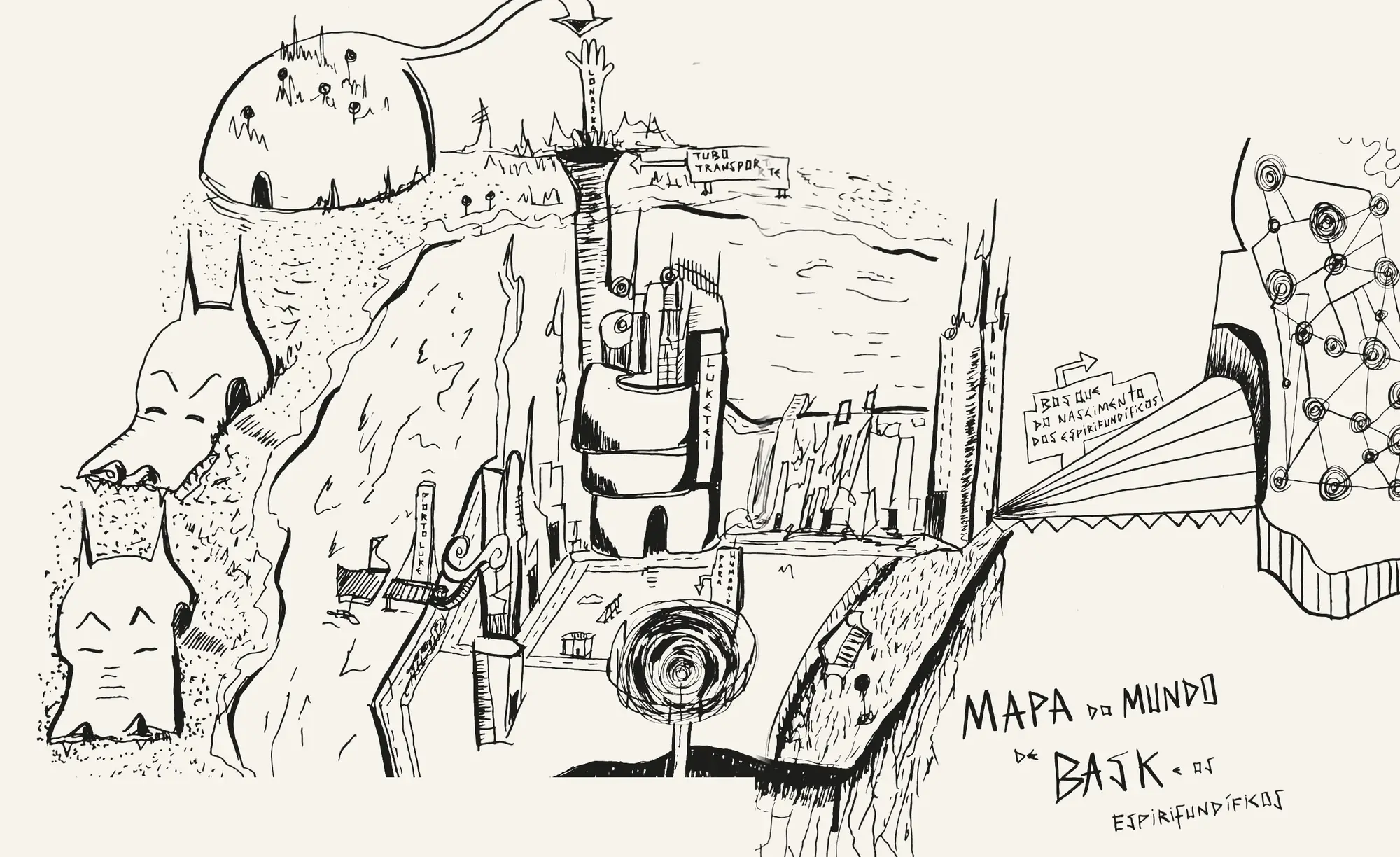Mapa do mundo de Bask e os espirifundíficos, desenhado a nanquim: a ilha de Lonaska à esquerda, a cidade de Luketei no centro e o Bosque do Nascimento à direita.